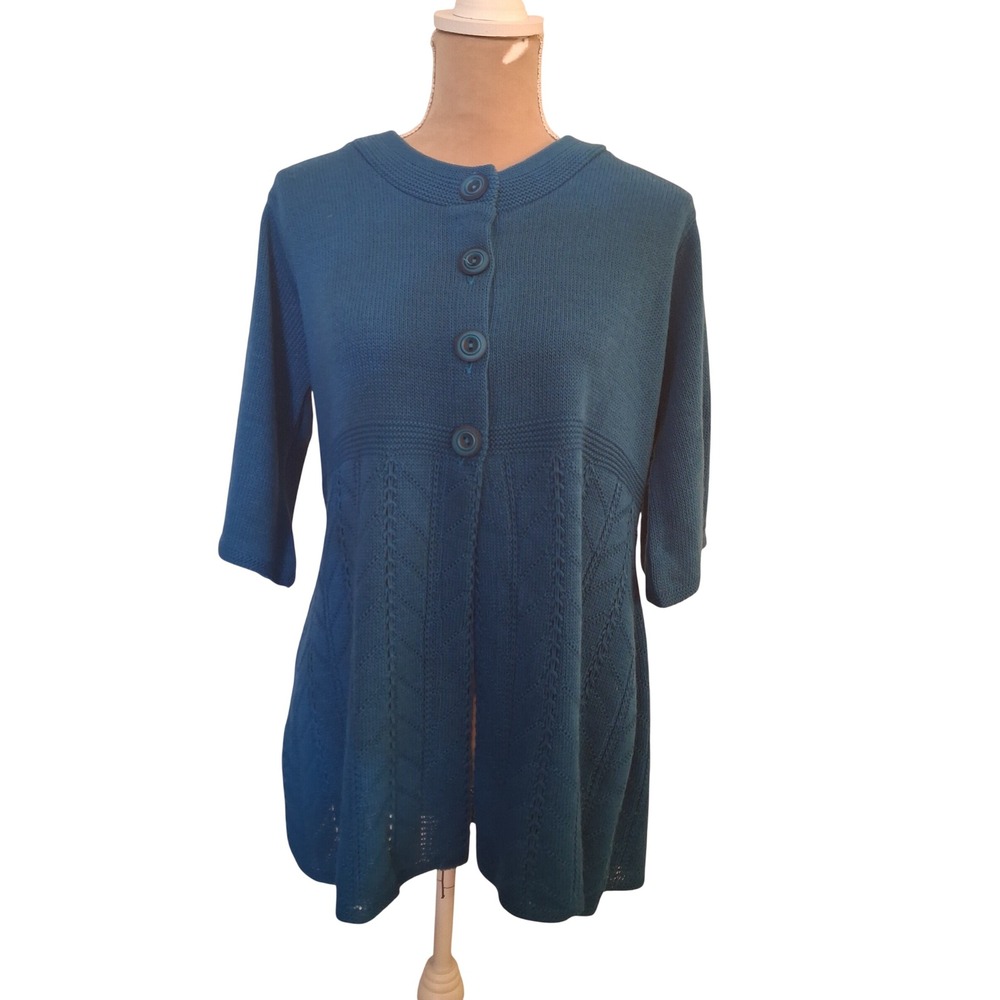 Denim & Co Womens Teal Blue Knit Button Front Cardigan Sweater Size M